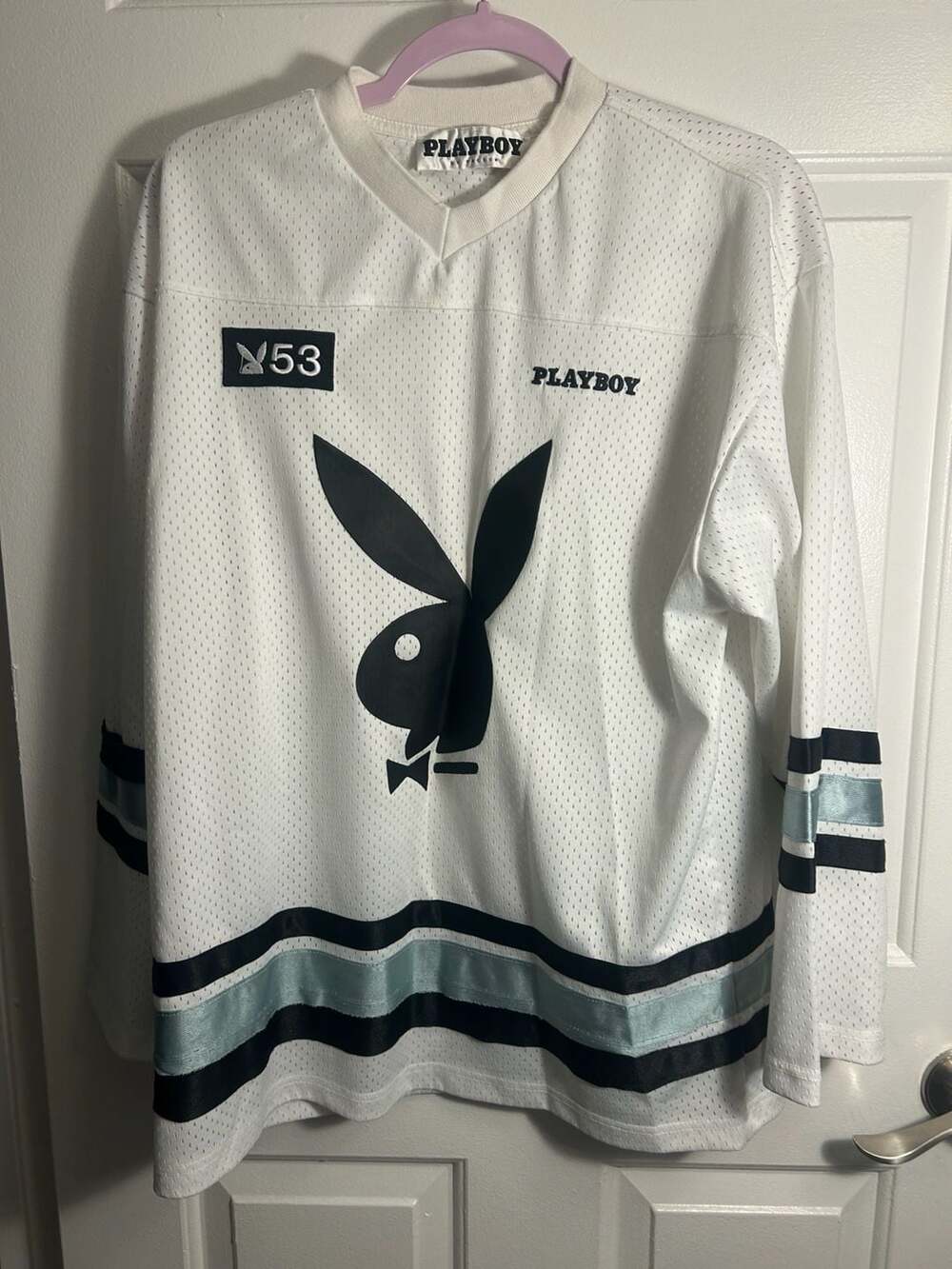 PLAYBOY by PacSun White Mesh V-Neck Hockey Jersey Number 53 Size M